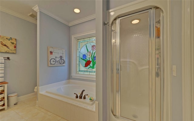 138 Grandview Ct, Hartwell, GA 30643 - bathroom with a stall shower, a garden tub, tile patterned floors, crown molding, and baseboards