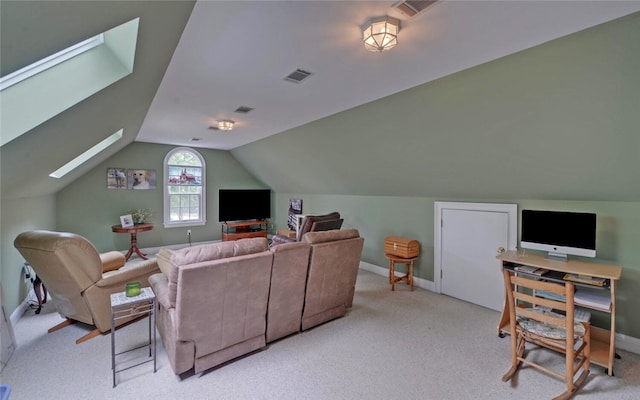 138 Grandview Ct, Hartwell, GA 30643 - living room featuring carpet flooring, baseboards, lofted ceiling, and a skylight