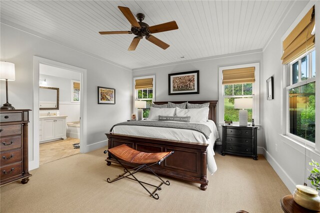 112 Orchard Cottage Way, Sunset, SC 29685 - bedroom with light colored carpet, ensuite bath, baseboards, wood ceiling, and ceiling fan