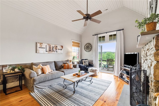 112 Orchard Cottage Way, Sunset, SC 29685 - living area featuring high vaulted ceiling, light wood-type flooring, ceiling fan, and wood ceiling