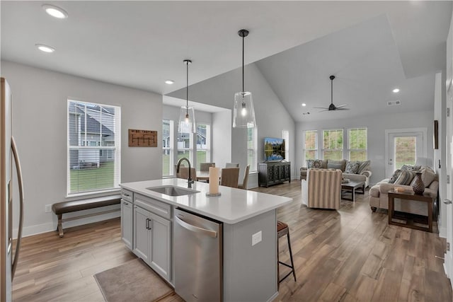 222 Grange Vally Ln, Central, SC 29630 - kitchen with a sink, appliances with stainless steel finishes, wood finished floors, ceiling fan, and an island with sink