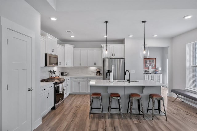 222 Grange Vally Ln, Central, SC 29630 - kitchen with stainless steel appliances, a sink, light wood-type flooring, a breakfast bar, and recessed lighting