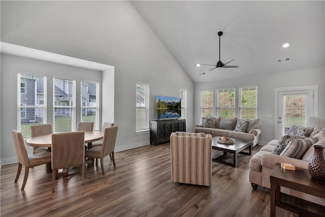 222 Grange Vally Ln, Central, SC 29630 - living area with ceiling fan, high vaulted ceiling, dark wood finished floors, baseboards, and recessed lighting