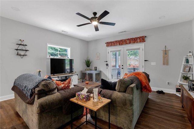 324 Sweetbriar Trl, Westminster, SC 29693 - living room featuring dark wood finished floors, baseboards, french doors, and ceiling fan