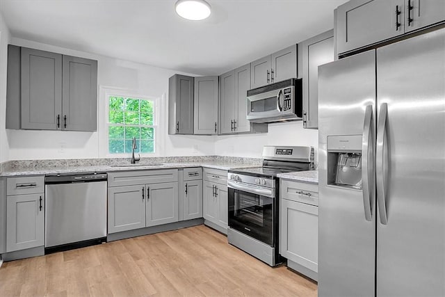 320 Fowler Rd, West Union, SC 29696 - kitchen with stainless steel appliances, a sink, gray cabinets, and light wood-type flooring