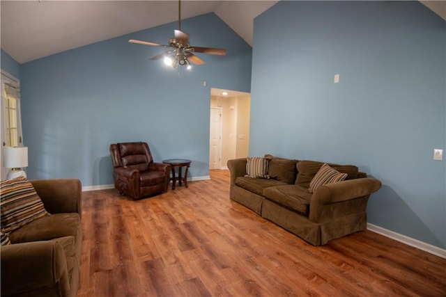 124 Grand Oak Cir, Pendleton, SC 29670 - living room featuring a ceiling fan, wood finished floors, high vaulted ceiling, and baseboards