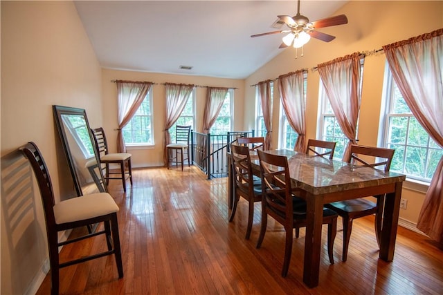 124 Grand Oak Cir, Pendleton, SC 29670 - dining area with vaulted ceiling, healthy amount of natural light, hardwood / wood-style floors, baseboards, and a ceiling fan