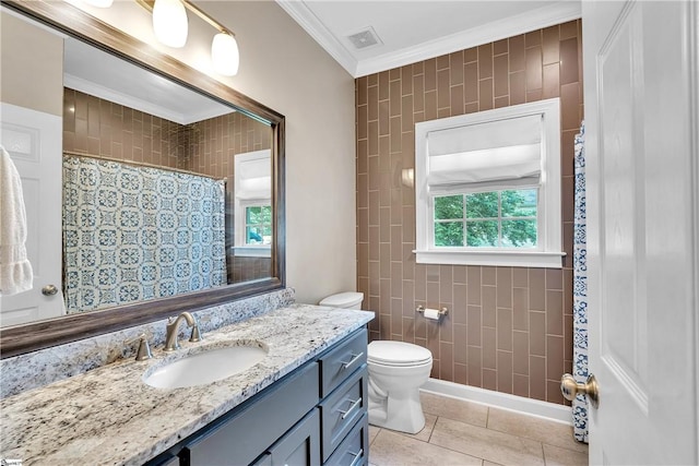 120 Red Maple Cir, Easley, SC 29642 - bathroom with crown molding, vanity, toilet, tile patterned floors, and tile walls