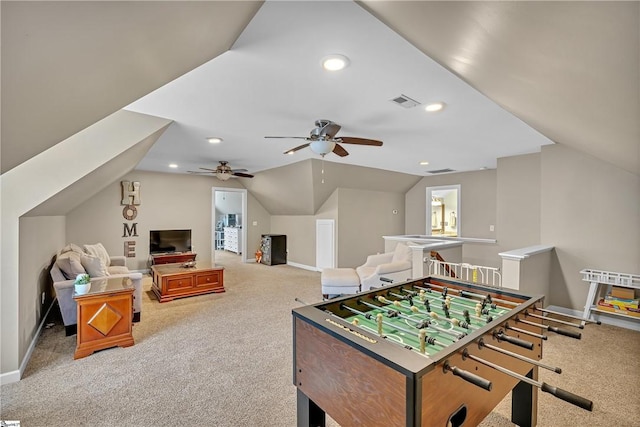 120 Red Maple Cir, Easley, SC 29642 - playroom featuring carpet, baseboards, vaulted ceiling, ceiling fan, and recessed lighting