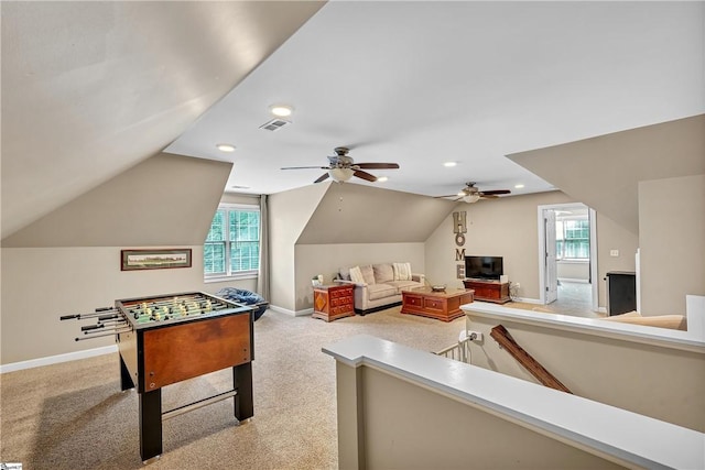 120 Red Maple Cir, Easley, SC 29642 - playroom with baseboards, plenty of natural light, lofted ceiling, a ceiling fan, and recessed lighting