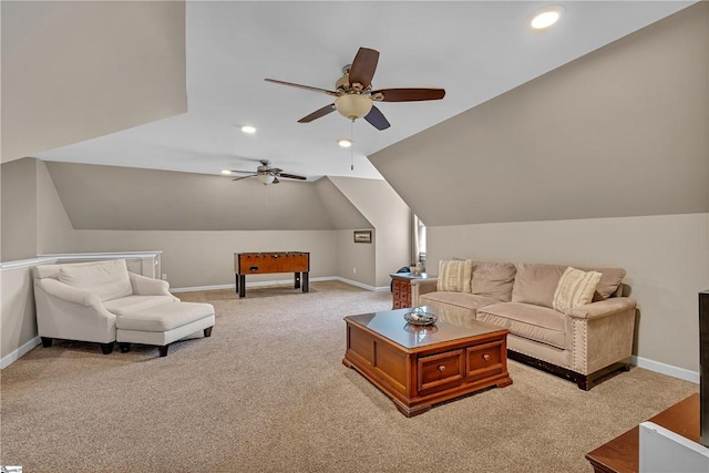 120 Red Maple Cir, Easley, SC 29642 - carpeted living area with baseboards, a ceiling fan, vaulted ceiling, and recessed lighting