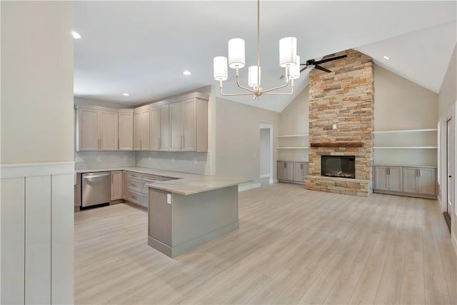 32 Pine Garden Way Dr, Salem, SC 29676 - kitchen featuring stainless steel dishwasher, a peninsula, light countertops, light wood-style floors, and a chandelier
