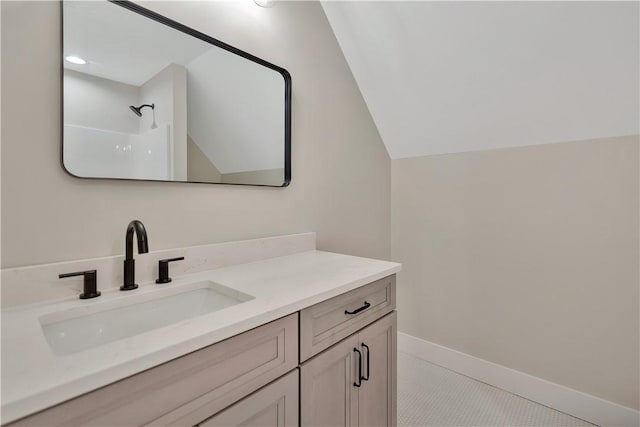 32 Pine Garden Way Dr, Salem, SC 29676 - full bath featuring vanity, baseboards, vaulted ceiling, tile patterned floors, and a shower