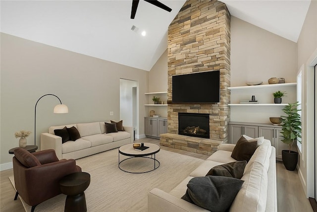 32 Pine Garden Way Dr, Salem, SC 29676 - living area featuring high vaulted ceiling, ceiling fan, wood finished floors, a fireplace, and built in features