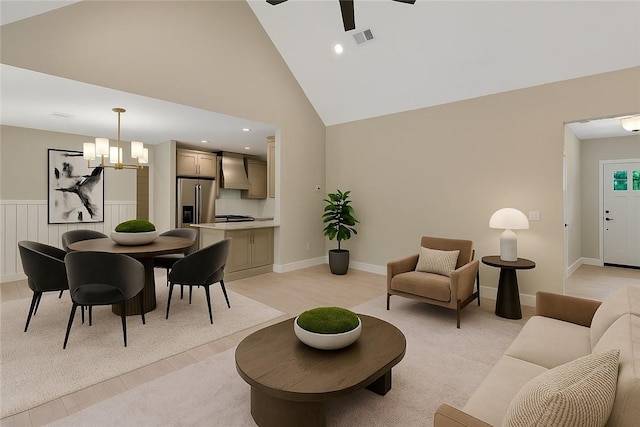 32 Pine Garden Way Dr, Salem, SC 29676 - living area with light wood-style flooring, a chandelier, a ceiling fan, high vaulted ceiling, and recessed lighting