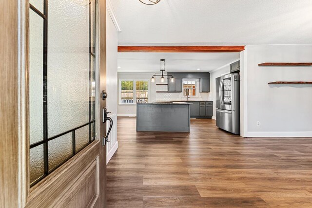 113 Woodhurst Dr, Hartwell, GA 30643 - kitchen featuring smart refrigerator, gray cabinetry, dark wood-type flooring, baseboards, and ornamental molding