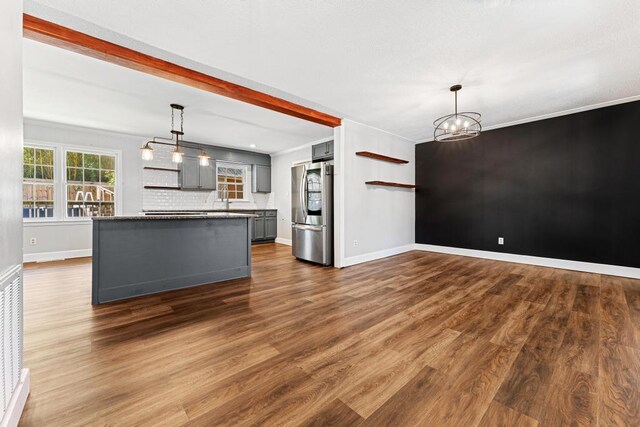 113 Woodhurst Dr, Hartwell, GA 30643 - kitchen featuring gray cabinets, smart refrigerator, a chandelier, dark wood-style floors, and ornamental molding