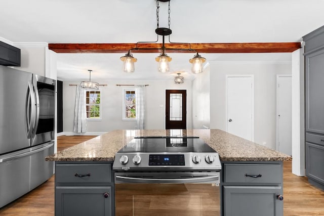 113 Woodhurst Dr, Hartwell, GA 30643 - kitchen with appliances with stainless steel finishes, gray cabinetry, beam ceiling, light stone countertops, and light wood finished floors