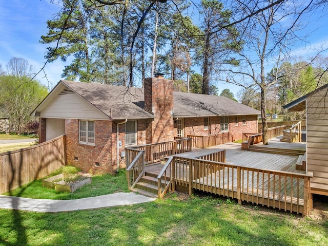 113 Woodhurst Dr, Hartwell, GA 30643 - back of property with brick siding, crawl space, a chimney, a wooden deck, and a shingled roof