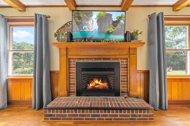 106 Emma Dr, Honea Path, SC 29654 - detailed view of wood finished floors, a fireplace, crown molding, and a wainscoted wall