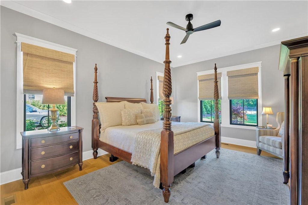9 Vintage Oaks Way, Simpsonville, SC 29681 - bedroom with baseboards, recessed lighting, light wood-style flooring, and a ceiling fan