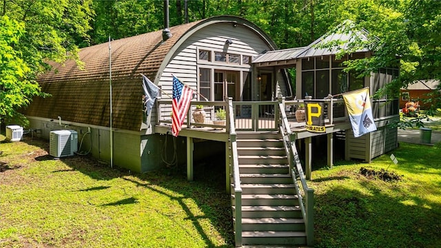 1457 Cheohee Valley Rd, Tamassee, SC 29686 - rear view of house featuring stairs, a lawn, a wooden deck, and cooling unit