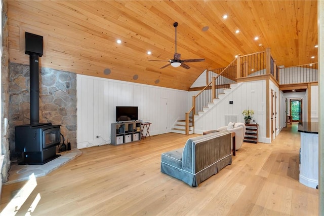 1457 Cheohee Valley Rd, Tamassee, SC 29686 - living area with wood ceiling, stairway, a wood stove, light wood-style flooring, and high vaulted ceiling
