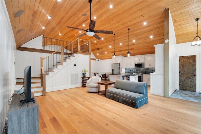 1457 Cheohee Valley Rd, Tamassee, SC 29686 - living area with light wood-style floors, wooden ceiling, ceiling fan, stairs, and high vaulted ceiling