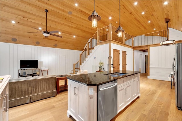 1457 Cheohee Valley Rd, Tamassee, SC 29686 - kitchen with stainless steel appliances, lofted ceiling, wood ceiling, a sink, and ceiling fan