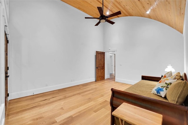 1457 Cheohee Valley Rd, Tamassee, SC 29686 - bedroom featuring wood ceiling, wood finished floors, high vaulted ceiling, baseboards, and a ceiling fan
