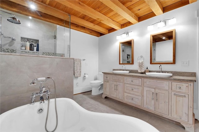 1457 Cheohee Valley Rd, Tamassee, SC 29686 - full bathroom featuring wooden ceiling with exposed beams, double vanity, a soaking tub, toilet, and a shower