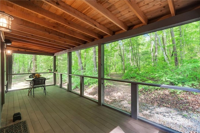 1457 Cheohee Valley Rd, Tamassee, SC 29686 - unfurnished sunroom with beam ceiling and a view of trees