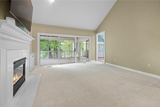 1029 Cross Creek Dr, Seneca, SC 29678 - unfurnished living room with a fireplace, light colored carpet, baseboards, and high vaulted ceiling