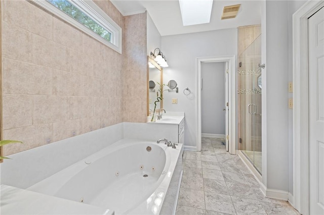1029 Cross Creek Dr, Seneca, SC 29678 - bathroom featuring baseboards, a stall shower, a tub with jets, and vanity