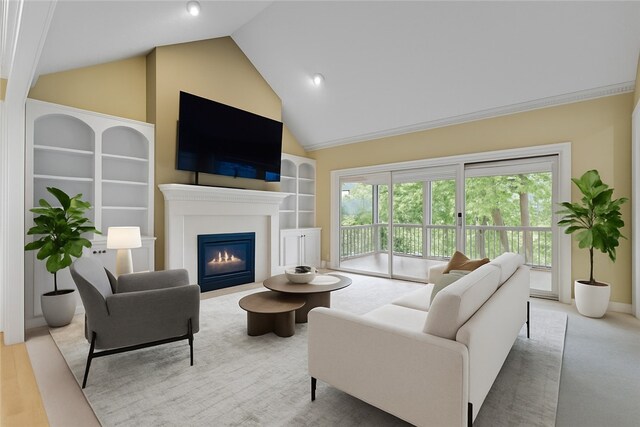 1029 Cross Creek Dr, Seneca, SC 29678 - living room with built in features, a glass covered fireplace, plenty of natural light, and vaulted ceiling