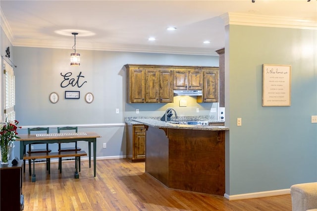 205 Shadow Oaks Dr, Easley, SC 29642 - kitchen with under cabinet range hood, light wood-type flooring, light stone counters, brown cabinets, and pendant lighting
