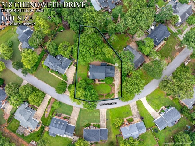 318 Chenoweth Dr, Simpsonville, SC 29681 - aerial perspective of suburban area featuring property parcel outlined