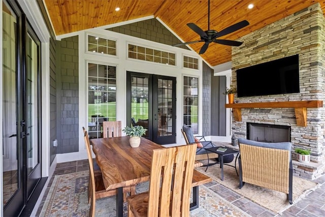 1819 Cross Creek Dr, Seneca, SC 29678 - view of patio featuring french doors, an outdoor stone fireplace, ceiling fan, and outdoor dining space