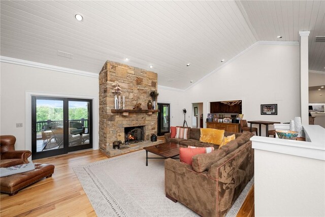301 Augusta Way, Sunset, SC 29685 - living room featuring wood finished floors, wooden ceiling, a fireplace, recessed lighting, and crown molding