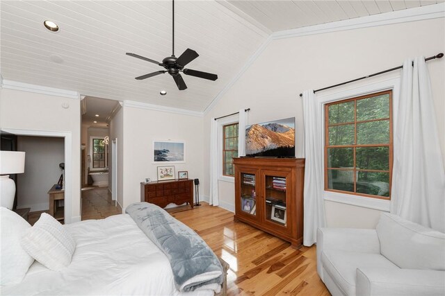 301 Augusta Way, Sunset, SC 29685 - bedroom with crown molding, vaulted ceiling, light wood-style flooring, wood ceiling, and a ceiling fan