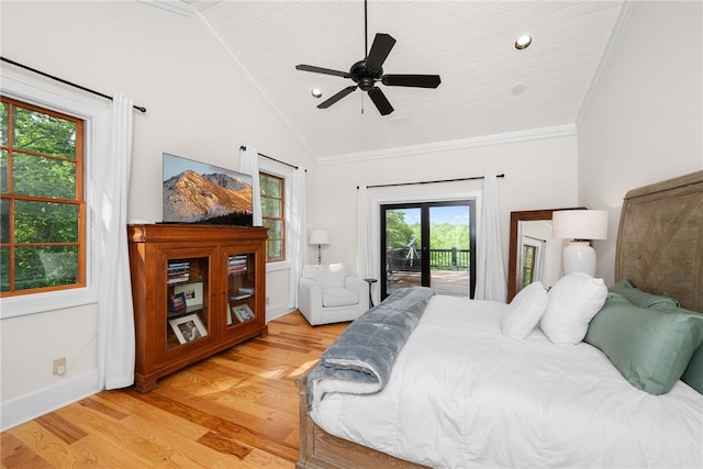 301 Augusta Way, Sunset, SC 29685 - bedroom featuring access to outside, crown molding, light wood finished floors, vaulted ceiling, and baseboards
