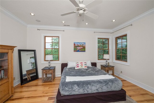 301 Augusta Way, Sunset, SC 29685 - bedroom with crown molding, light wood-style floors, recessed lighting, baseboards, and ceiling fan
