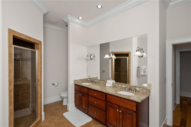 301 Augusta Way, Sunset, SC 29685 - bathroom with crown molding, a stall shower, double vanity, toilet, and recessed lighting