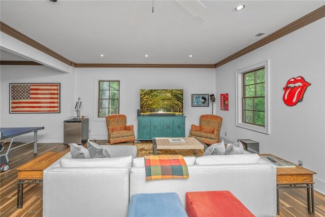 301 Augusta Way, Sunset, SC 29685 - living room featuring wood finished floors, crown molding, baseboards, recessed lighting, and a ceiling fan