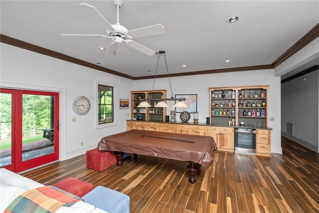 301 Augusta Way, Sunset, SC 29685 - playroom with a dry bar, billiards, beverage cooler, baseboards, and crown molding