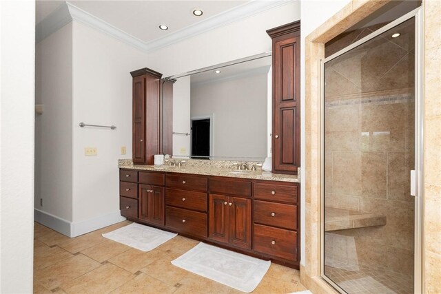 301 Augusta Way, Sunset, SC 29685 - full bathroom with crown molding, double vanity, a stall shower, baseboards, and recessed lighting