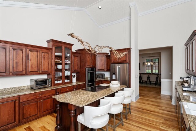 301 Augusta Way, Sunset, SC 29685 - kitchen with appliances with stainless steel finishes, high vaulted ceiling, ornamental molding, a kitchen breakfast bar, and light wood-style flooring