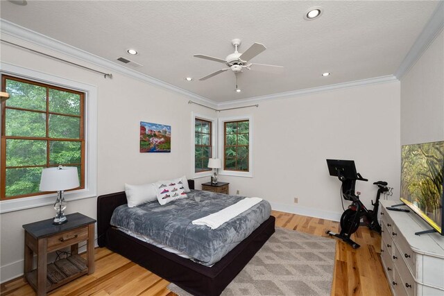 301 Augusta Way, Sunset, SC 29685 - bedroom featuring light wood-type flooring, multiple windows, ornamental molding, recessed lighting, and a ceiling fan