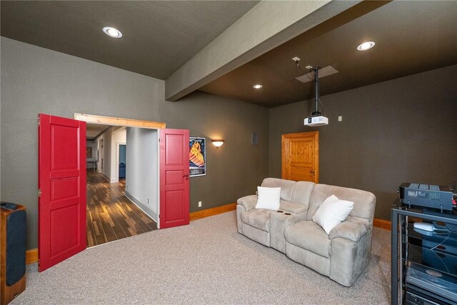 301 Augusta Way, Sunset, SC 29685 - carpeted home theater with baseboards, beamed ceiling, and recessed lighting
