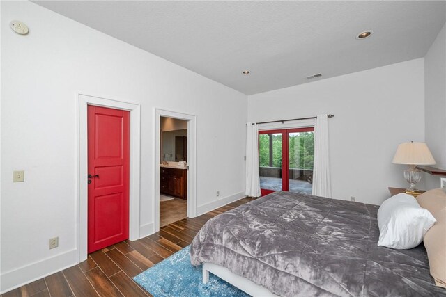 301 Augusta Way, Sunset, SC 29685 - bedroom featuring dark wood-style flooring, access to outside, baseboards, recessed lighting, and ensuite bath